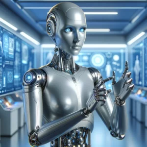 DALL·E 2024 05 10 16.56.41 A futuristic AI robot designed with sleek metallic surfaces and humanoid features. The robot has a smooth silver body resembling a human form but