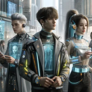DALL·E 2024 05 10 16.57.48 A depiction of people living in the future showcasing futuristic fashion and technology. The scene includes three individuals each wearing advanced