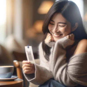 DALL·E 2024 05 10 17.12.17 A serene depiction of a person relaxing comfortably upon finding reasonable prices. The individual is a young Asian woman smiling contentedly as she
